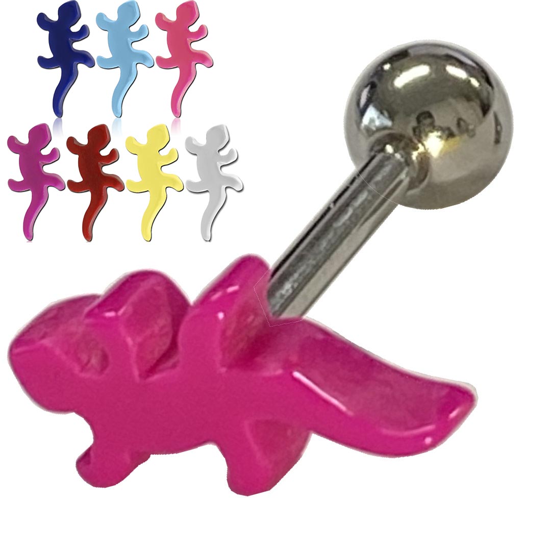 片側に蜥蜴をデザインしたキャッチをセットした14ゲージのストレートバーベル型のボディピアス。軟骨ピアスのヘリックスやインナーコンク、アンテナ、耳たぶなどはもちろん、舌ピアスに使っても面白い。 星のパーツもステンレスのボールのキャッチも両側と...