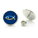 14mm カボションピアス (キリストフィッシュ) 1ペア 魚 十字架 クロス ギリシャ語 ラテン十字 ロゴ マーク丸型 丸い カボーション 20G 20ゲージ...