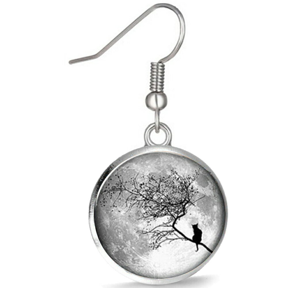 [ファッションピアス 20G ] 満月と猫 ステンレスピアス 1個販売 片耳 サージカルステンレス316L 20ゲージ メンズ レディース 面白い 彼氏 彼女 プレゼント 丸い 丸型 銀色 シルバー フックピアス ネコ ねこ キャット 動物 アニマル ペット ツリー 樹木 ムーン 月見 お月様(4)