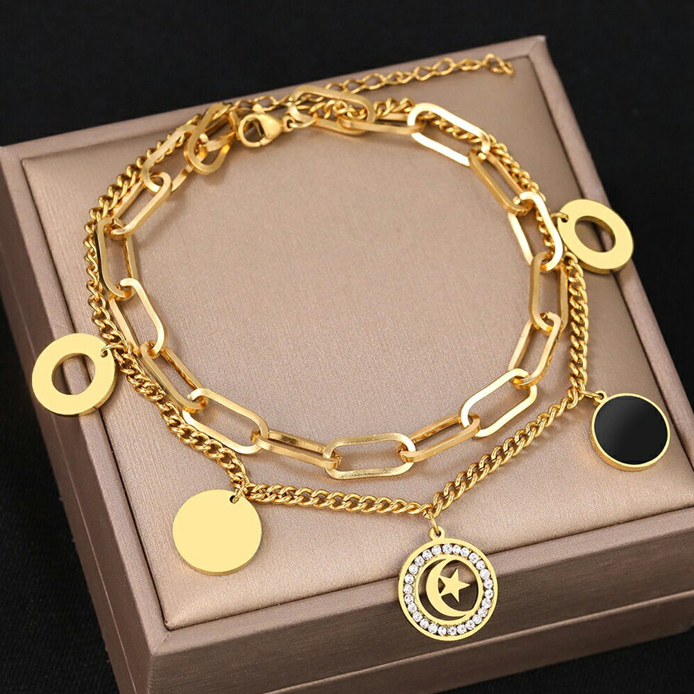 メダルチャームダブルチェーンゴールドステンレスアンクレット(スタームーン) 1個販売 三日月 星 ナイト 2連 黒色 ブラック 金色 大人 揺れる チャーム 高...