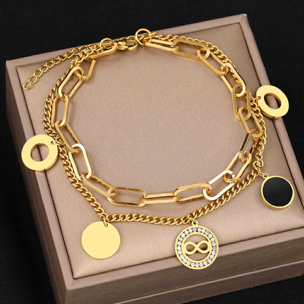 メダルチャームダブルチェーンゴールドステンレスアンクレット(エターナル) 1個販売 8 ∞ 永遠 無限 フォーエバー 2連 黒色 ブラック 金色 大人 揺れる ...