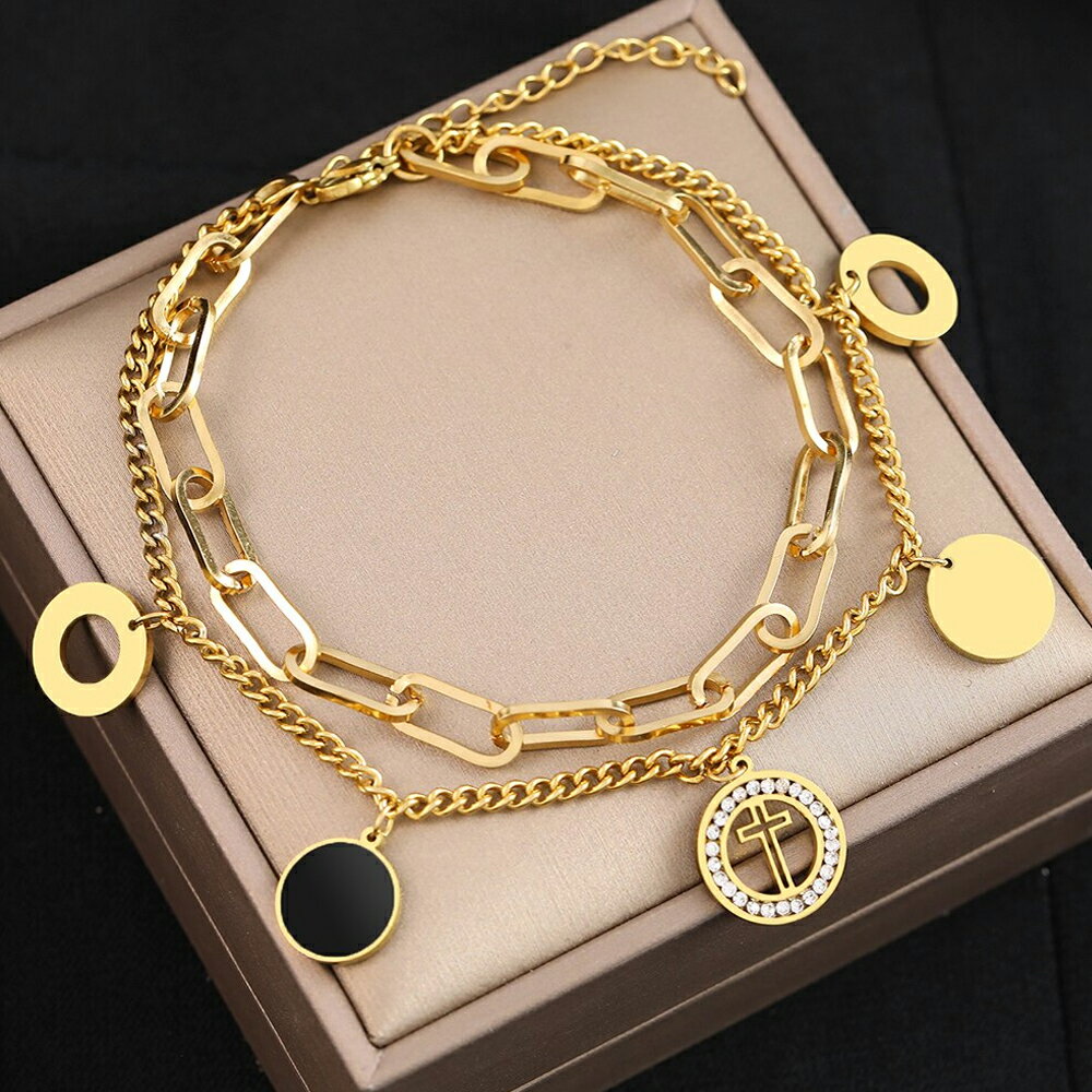 メダルチャームダブルチェーンゴールドステンレスアンクレット(ロザリオクロス) 1個販売 十字架 人気 2連 黒色 ブラック 金色 大人 揺れる チャーム 高級 ...