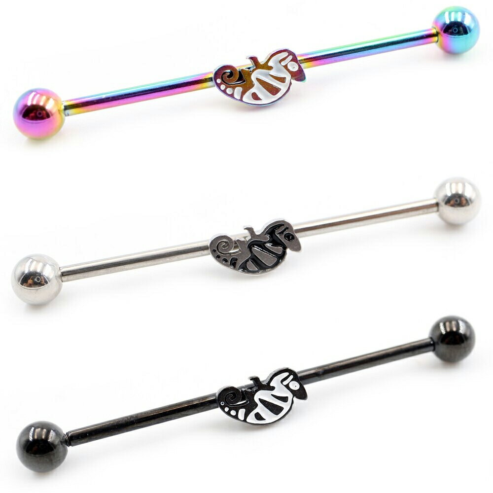 [14G ロングバーベル 長いストレートバーベル ボディピアス] カラフルカメレオン インダストリアル ボディーピアス 14ゲージ 14g メンズ レディース サージカルステンレス316L メガバーベル 繋ぐ つなぐ 軟骨 耳 ヘリックス かめれおん 面白い おもしろい 虹色 黒色 銀色