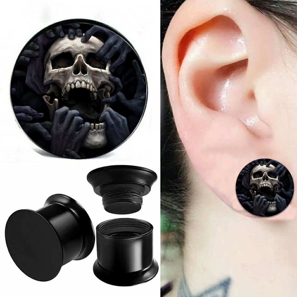 アクリルタッパーフレア（ゴートゥーヘルスカル）6ゲージ 6G 4ゲージ 4G 2ゲージ 2G 0ゲージ 0G 00ゲージ 00G 12.0mm 12mm ボディピアス メンズ レディース 金属アレルギー対応 耳 プレゼント プラグ ボディーピアス ネジ式 黒色 ドクロ 骸骨 髑髏 がい骨 ガイコツ 手 ハンド
