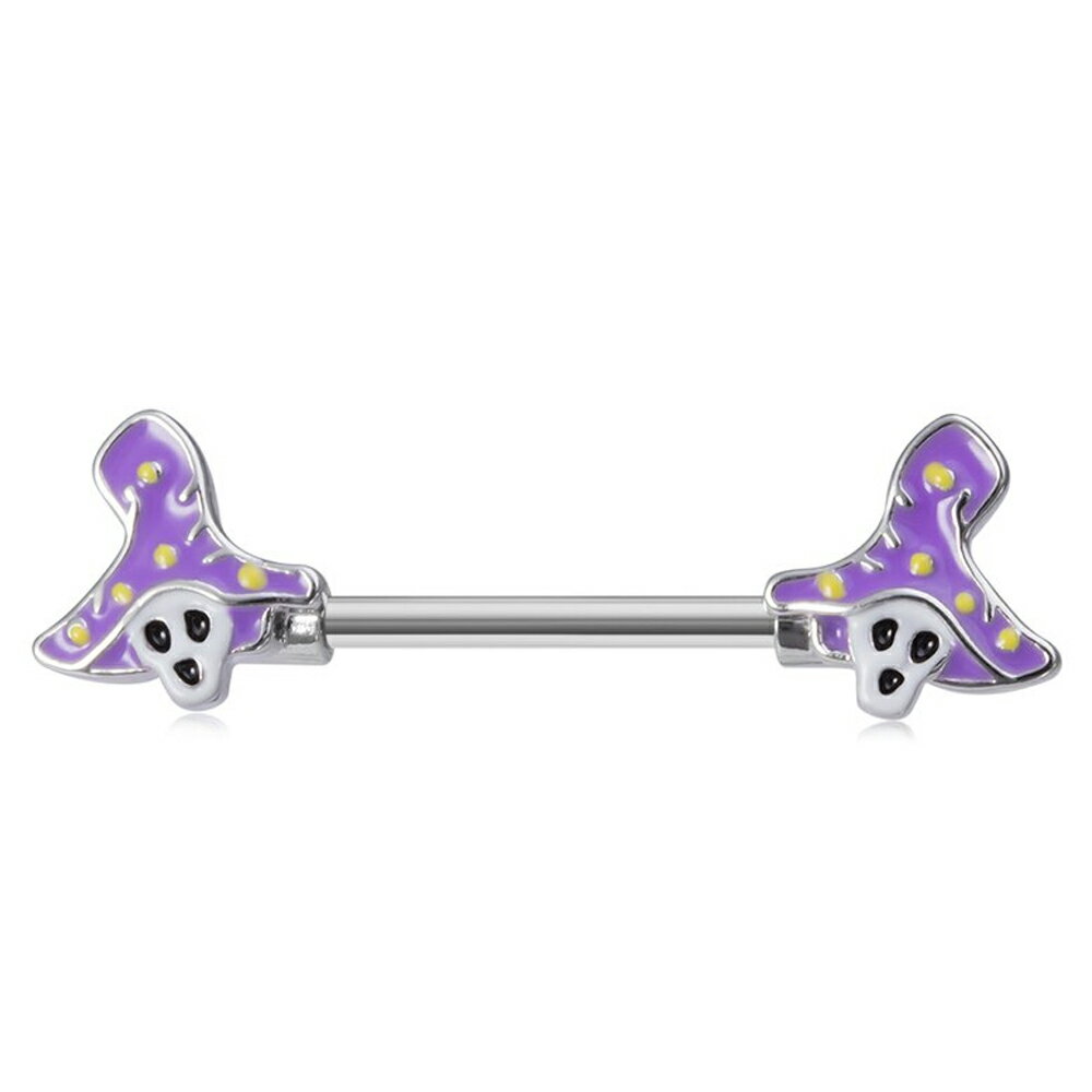 [14G ボディピアス ヘリックス ニップルピアス] ウイッチスカル ストレートバーベル 14ゲージ ボディーピアス サージカルステンレス316L メンズ レディース コンク プレゼント アンテナヘリックス 髑髏 どくろ がいこつ がい骨 スケルトン 骸骨 魔法使い 紫色 パープル 帽子