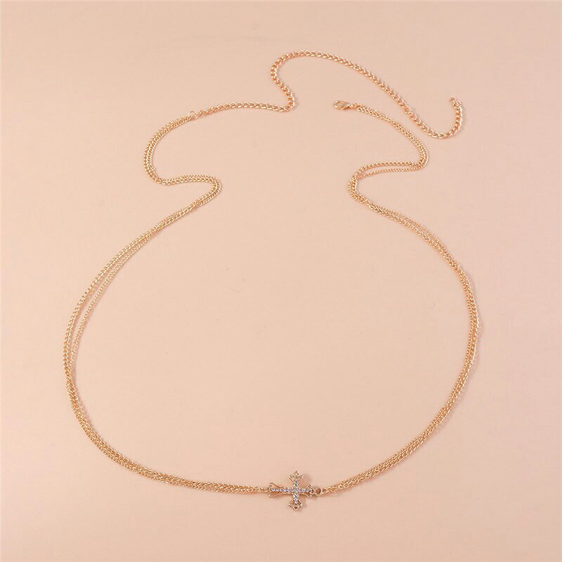 ピアス専門ショップGreen Piercingのゴールドクリスタルクロス ダブルウエストチェーン ボディチェーン 1個販売 十字架 ロザリオ 2連風 金色 クサリ 鎖 ジュエル ストーン 石付き ネックレスチェーン ゴールドチェーン ベリーダンス チェーンベルト メンズ レディース 男 女子 プレゼント ボディーチェーン｜アングル3
