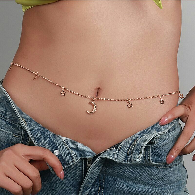 ゴールドカーニバルナイトウエストチェーン ボディチェーン 1個販売 星 スター 三日月 ムーン 顔のある月 星が6個 メルヘン 金色 クサリ 鎖 ネックレスチェ...