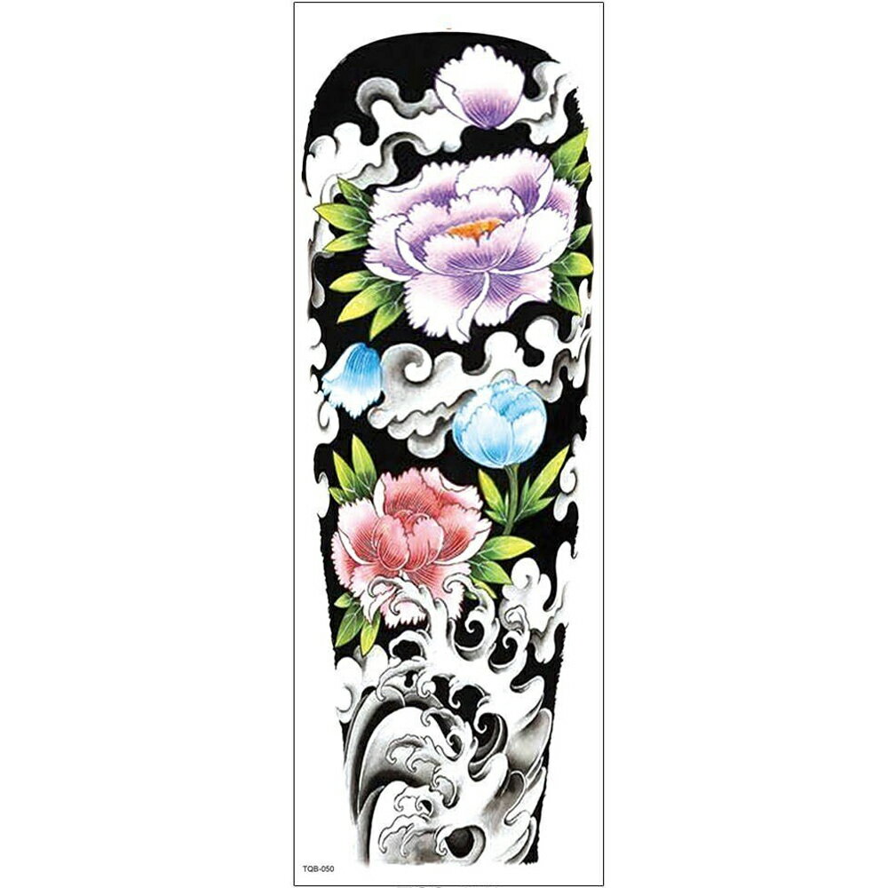 ロングフェイクタトゥーステッカー 1シート 花 はな 華 フラワー 紫色 パープル 青色 ブルー 赤色 レッド 波 雲 ウエーブ くも タトゥシール メンズ レディース 仮装 入れ墨 小道具 衣装 映画 ドラマ テレビ コスプレ 大きい 胸 肩 2