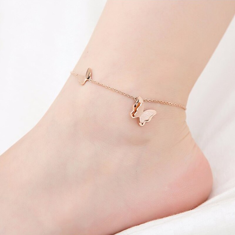 ピンクゴールドダブルバタフライステンレスアンクレット チョウチョウ 蝶 2匹 ラメ 大人 揺れる チャーム サージカルステンレス316L 高級 メンズ レディー...