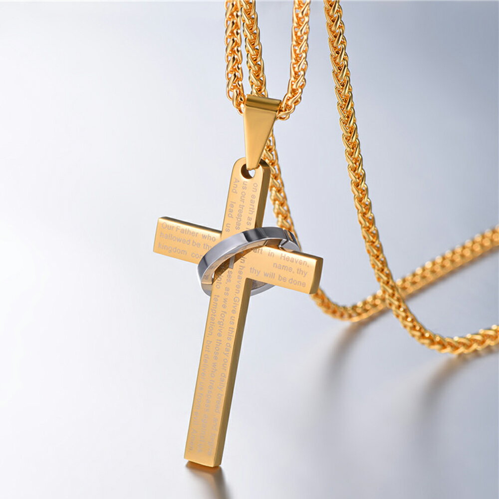 リングゴールドクロス ステンレスネックレス(55cmのステンレスチェーン付き) 太め 長め ネックレスチェーンつき ペンダントトップ サージカルステンレス316...