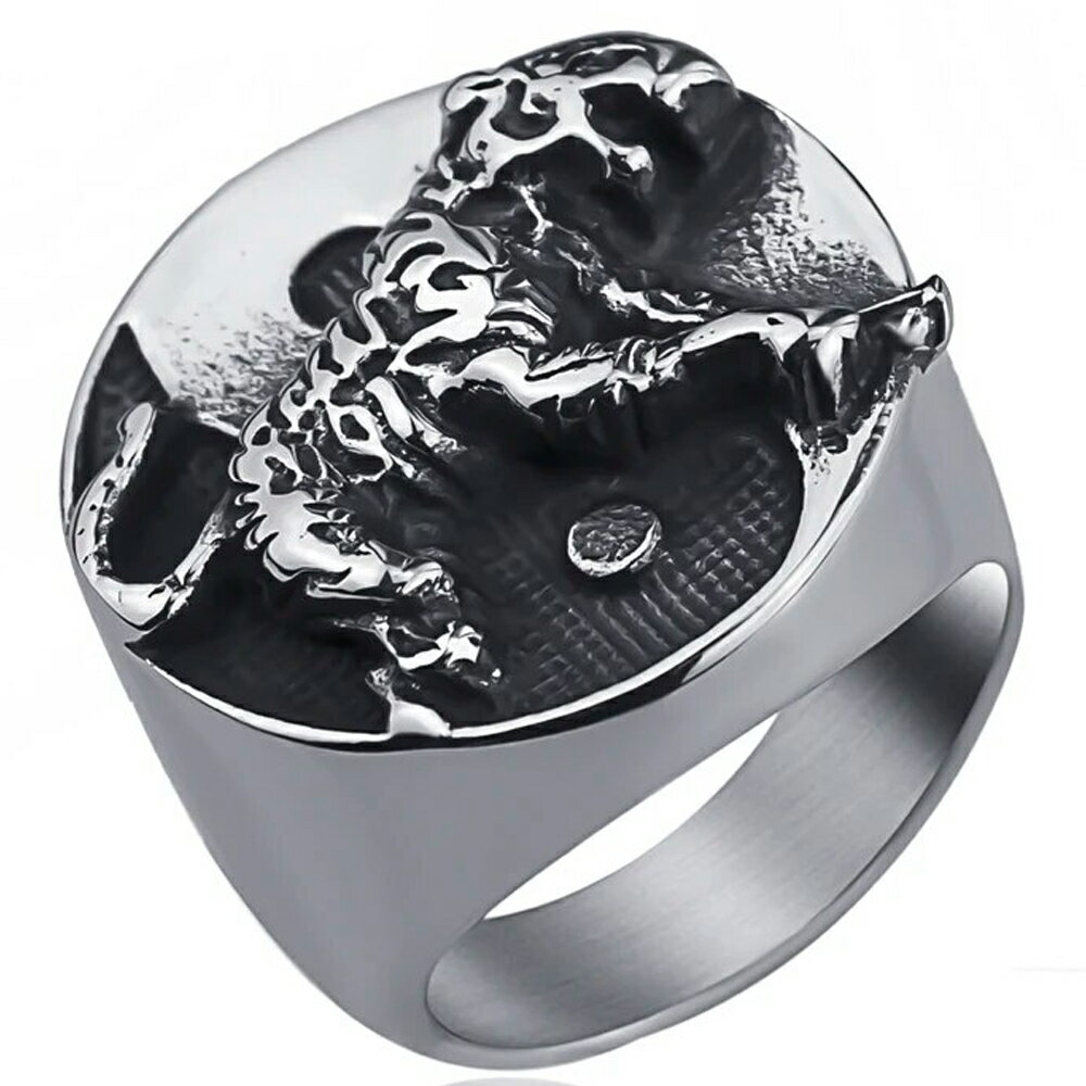 タイガー陰陽ステンレスリング(ERN041)サイズ/30号 大きいサイズ 虎 トラ アニマル 動物 太極図 干支 立体 飛び出す かっこいい 印台型 スタンプリ...