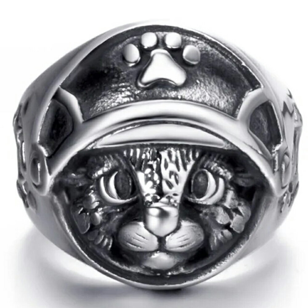ネコナイトステンレスリング(RMT108)サイズ/20号 ねこ 猫 騎士 兜 鎧 戦士 肉球 キャット アニマル 動物 甲冑 丸型 スタンプ型 印台型 スタンプ...