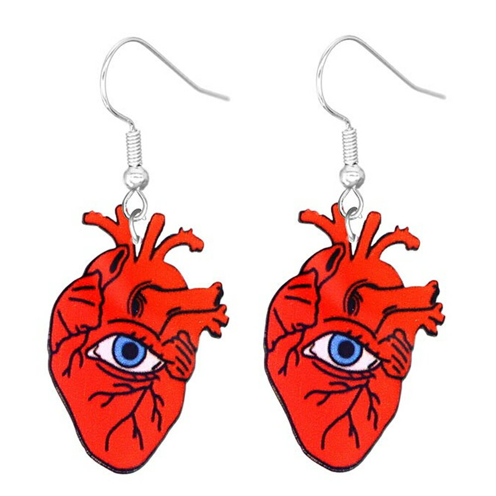 Rakuten - 心臓に目 リアルステンレスピアス/1ペア販売 20G 20ゲージ 不気味 赤色 レッド 内臓 アイ メダマ 眼球 怖い おもしろい オモシロ サージカルステンレス316L メンズ レディース 揺れる フックピアス アメリカンピアス アクリル プラスティック プレゼント ギフト