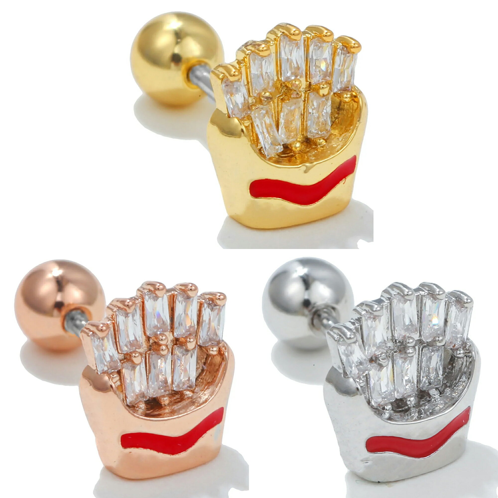 [ボディピアス 20G ] フライドポテト ストレートバーベル 1個販売 ヘリックスピアス 20ゲージ ポテトフライ ファストフード クリスマス じゃがも 食べ物 芋 ボディーピアス メンズ レディース プレゼント 面白い キラキラ ジルコニア 耳 イヤーロブ 軟骨 男性 女性 彼氏 彼女