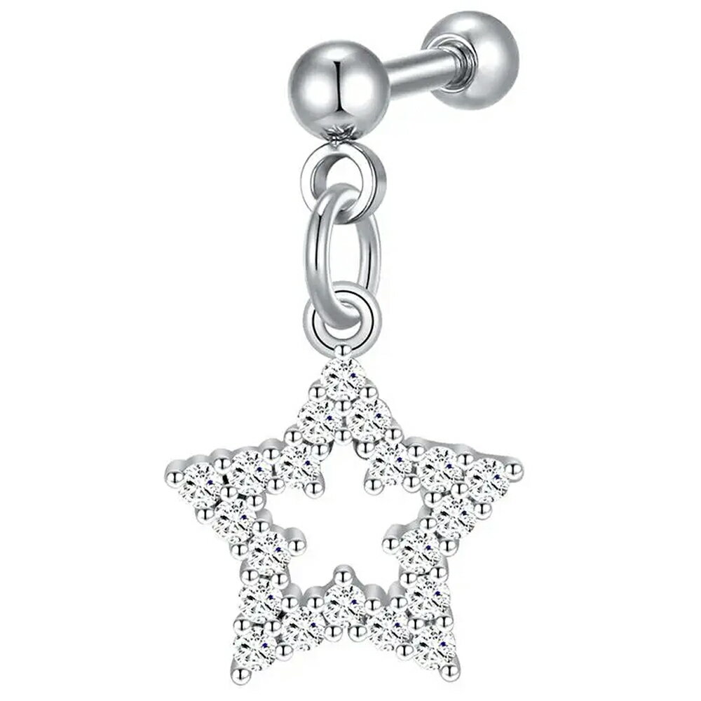 [16G ボディピアス] パベスターチャームストレートバーベル（シルバー）ボディーピアス 16ゲージ 軟骨 ヘリックス 耳 イヤーロブ メンズ レディース プレゼント 螺子 ねじ 男性 女性 揺れる 外ネジ アウトターナル サージカルステンレス316L 星 ジュエル 石付き ストーン