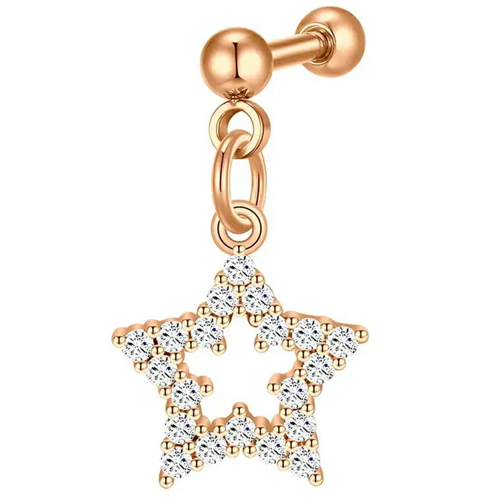 [16G ボディピアス] パベスターチャーム ストレートバーベル（ピンクゴールド） ボディーピアス 16ゲージ 軟骨 ヘリックス 耳 イヤーロブ ステンレス メンズ レディース プレゼント 螺子 ねじ 男性 女性 星 揺れる おしゃれ 外ネジ アウトターナル ジュエル ジルコニア 石