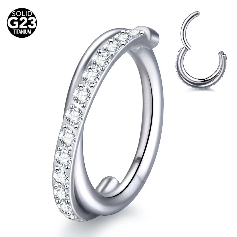 Titanium - [16G チタングレード23 ボディピアス] G23チタン製ダブルクロスジルコニアクリッカー 16ゲージ セグメント コンク ダイス ロック 軟骨 耳 鼻シルバー 銀色 メンズ レディース リング型 ワンタッチ 男性 女性 2連風 ストーン クリスタル キュービックジルコニア キラキラ