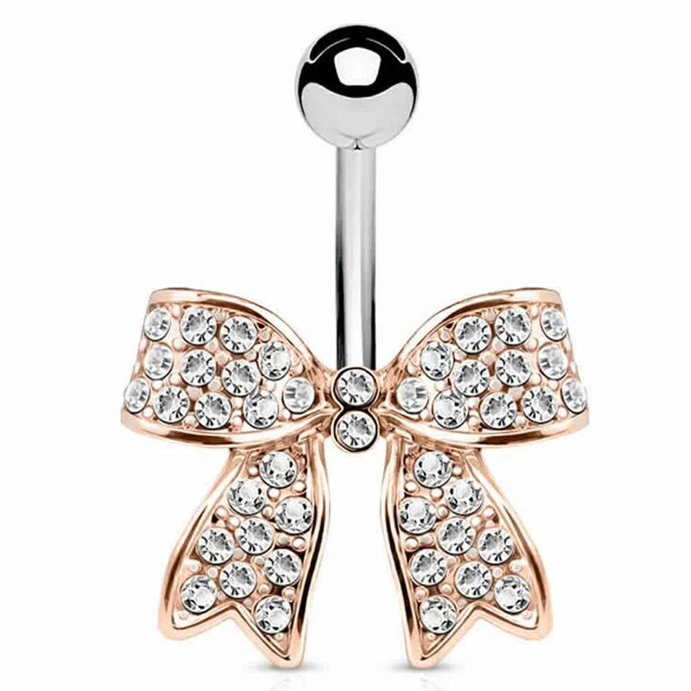 [14G カーブバーベル ボディピアス] ピンクゴールドパベリボン へそピアス 14ゲージ 1個販売 キラキラ パヴェ ヘソピアス 臍ピアス メンズ レディース ボディーピアス サージカルステンレス316L バナナバーベル プレゼント 男 女 揺れない 石付き クリスタル ジュエル
