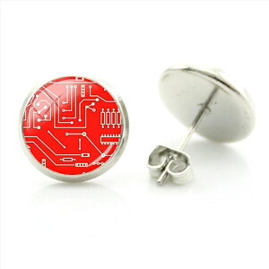 14mm カボションピアス (IC チップ) 1ペア 両耳 丸型 丸い カボーション 20G 20ゲージ ファッションピアス スタッド キャッチ メンズ レディース おもしろい 面白い 集積回路 半導体 トランジスタ ロボット AI 機械 内蔵 IC コンピューター 基盤 IT 赤色 レッド リアル