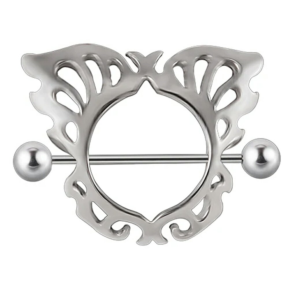 [ 16G ニップル 乳首 ボディピアス] ファイヤーバタフライシールド ニップルピアス 16ゲージ 蝶々 チョウチョウ ちょう 銀色 シルバー メンズ レディース サージカルステンレス316L おっぱい 胸 男性 女性 女子 ストレートバーベル ボディーピアス プレゼント ギフト