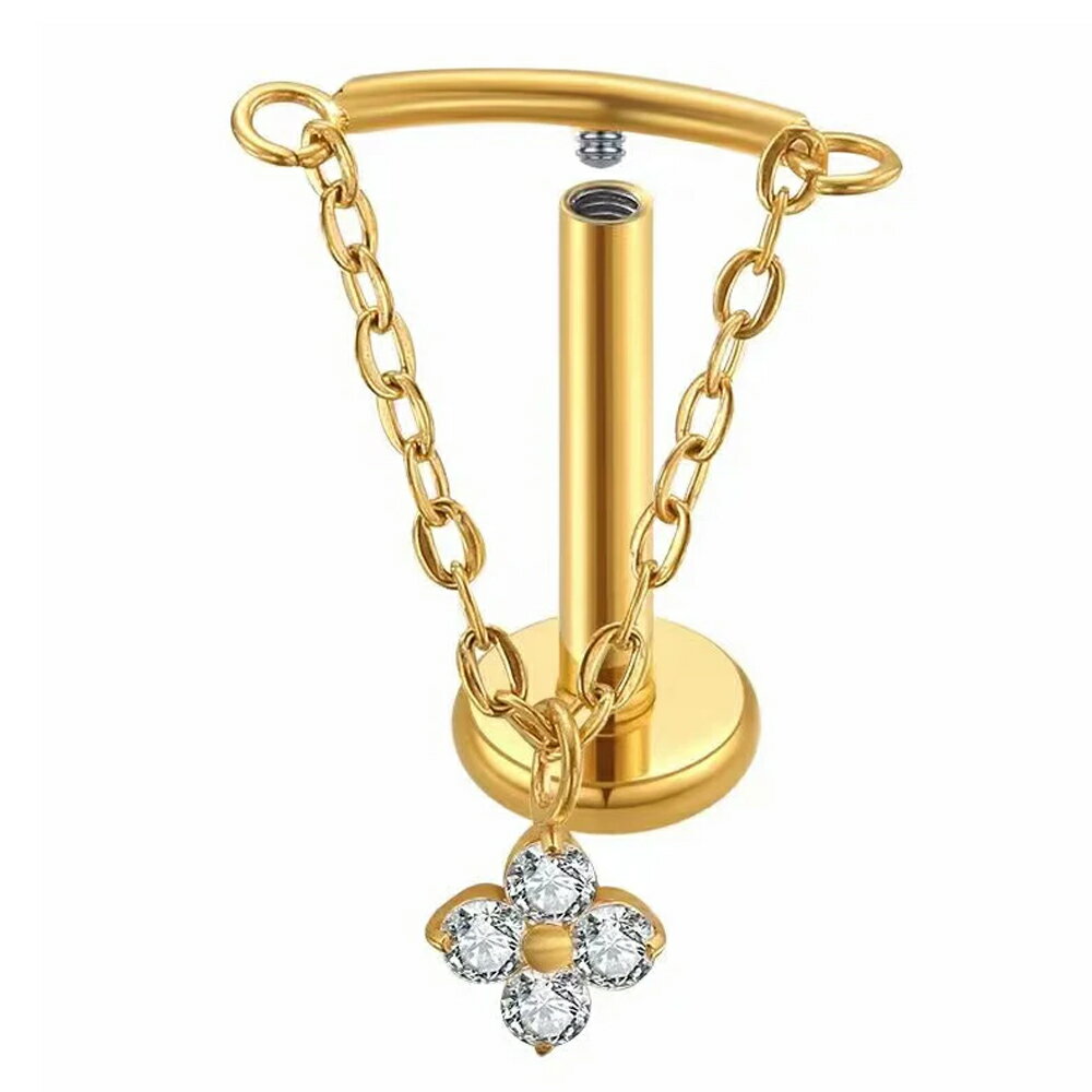 [ 16G 高品質 チタングレード23 ボディピアス] フォークリスタルチタンインターナルラブレット 16g 16ゲージ メンズ レディース 鎖 クサリ チェーン 揺れる 石付き ジュエル ストーン ジルコニア 4個 4粒 シルバー 銀色 ゴールド 金色 G23 チャーム