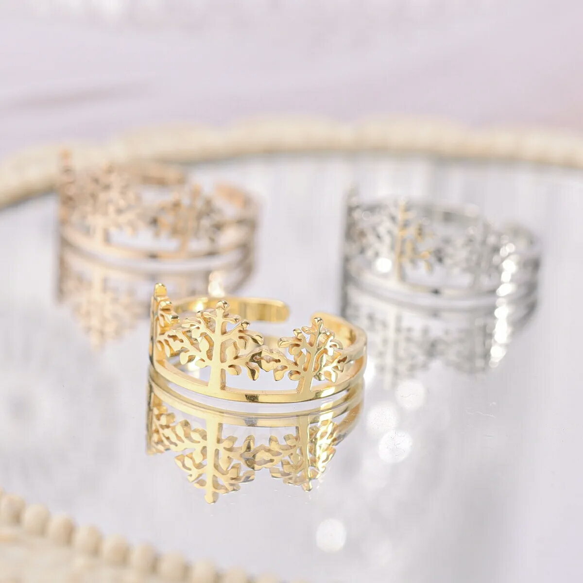 [フリーサイズ ] スリーツリーステンレスリング 1個販売 リングサイズ/13号 ファランジリング トゥリング 指輪 ステンレス製 メンズ レディース 足 ペアリング プレゼント ギフト 結婚 記念日 誕生日 ピンキーリング サイズ調整 トーリング 樹木 3本 木 ウッド 森 林