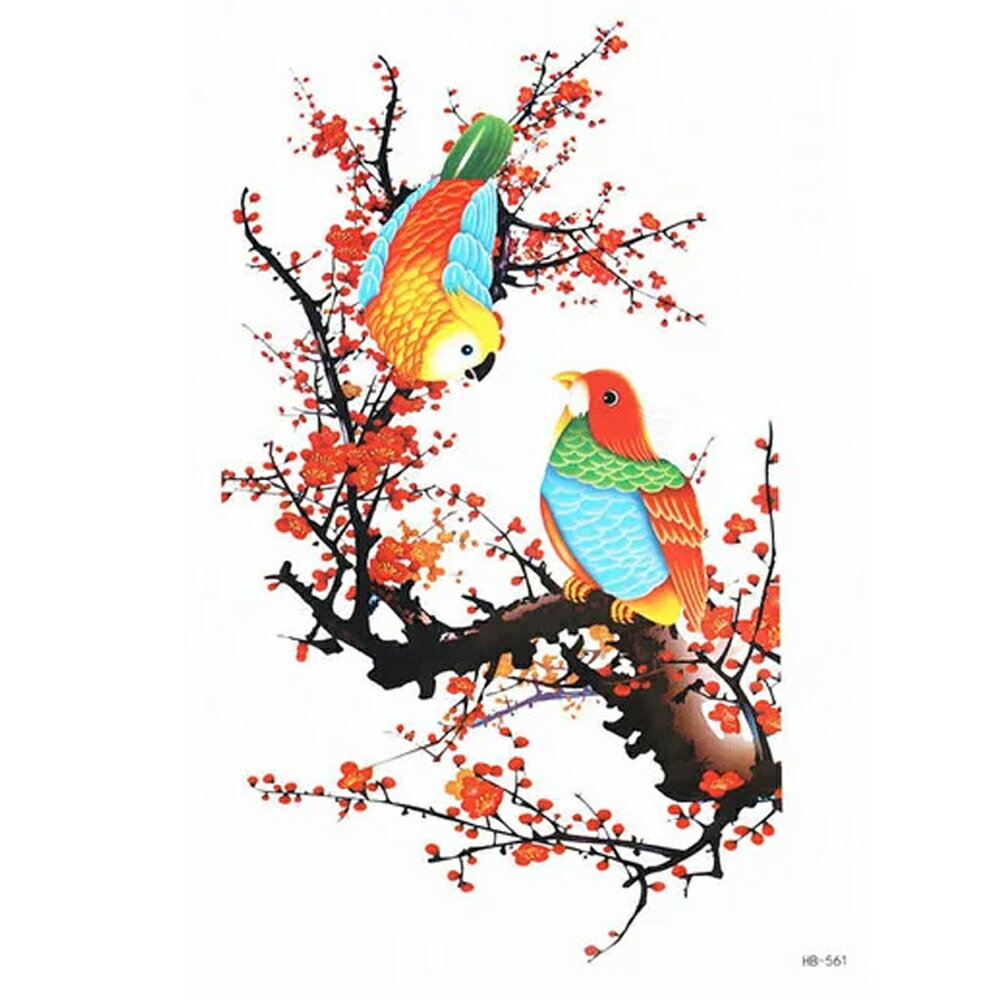 大きめフェイクタトゥーステッカー 1シート 鳥 バード インコ 梅の花 フラワー オウム 赤色 レッド タトゥシール メンズ レディース 仮装 変装 入れ墨 小道具 衣装 映画 ドラマ テレビ 撮影 コスプレ 大きい 胸 肩 背中 お腹 太腿 足首 腰 太もも 黒色 刺青 偽物