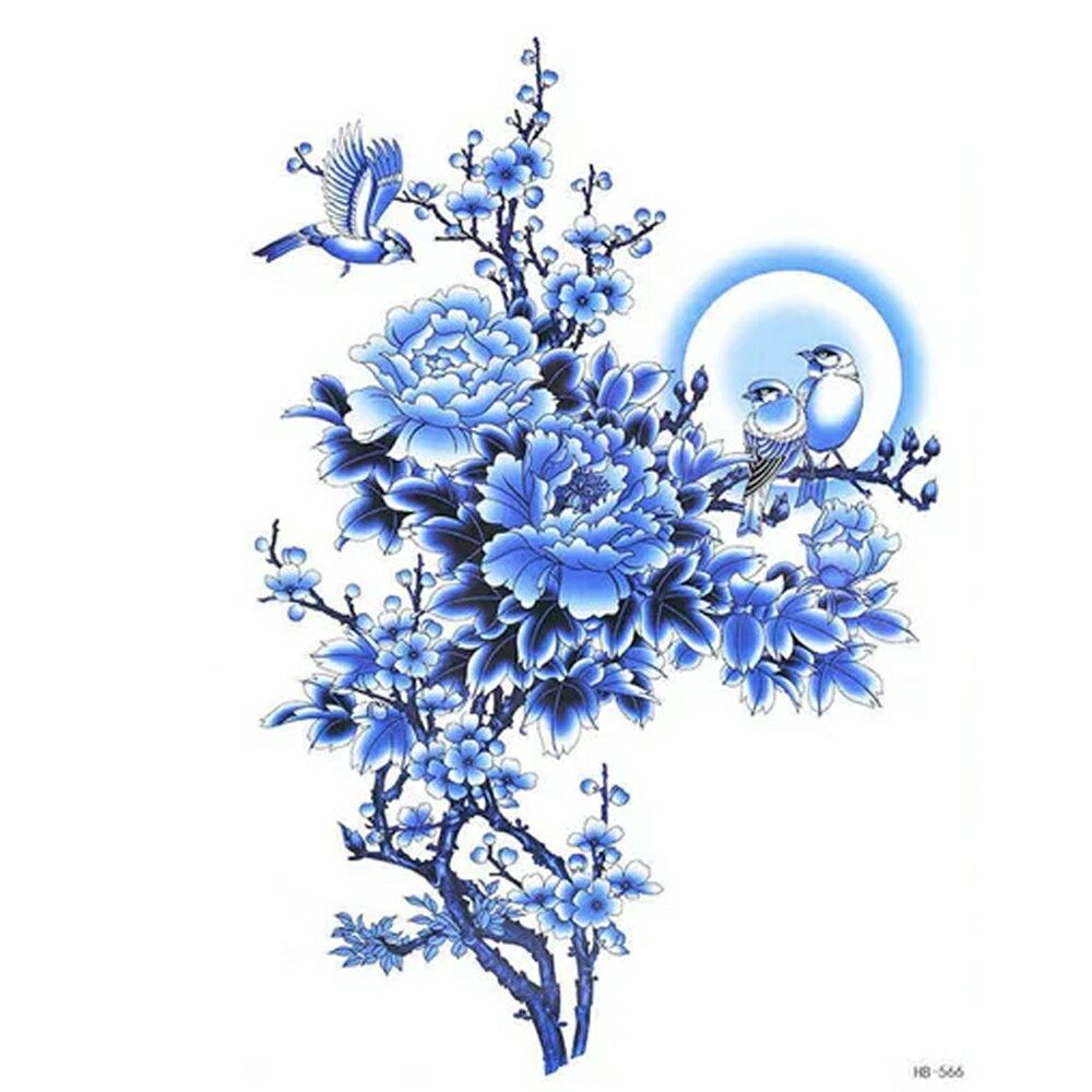 大きめフェイクタトゥーステッカー 1シート ブルーフラワー ブルーバード 青い鳥 青い花 タトゥシール メンズ レディース 仮装 変装 入れ墨 小道具 衣装 映画 ドラマ テレビ 撮影 コスプレ 大きい 胸 肩 背中 お腹 太腿 足首 腰 太もも 黒色 刺青 偽物