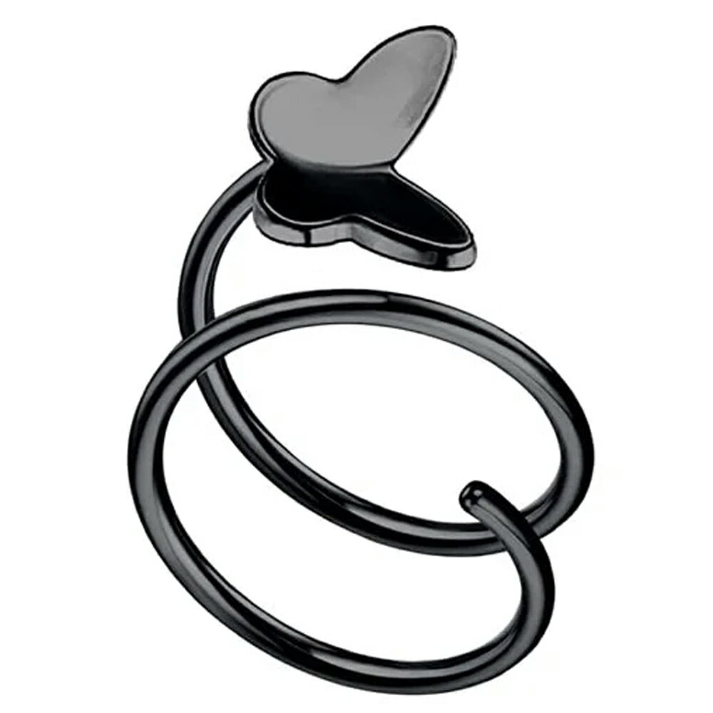 Rakuten - [2連風 ツイスト ボディーピアス 20ゲージ] ブラックダブルスパイラルリング（バタフライ）ボディピアス 20G ステンレス製 クルクル メンズ レディース 男性 女性 プレゼント 耳 軟骨 ヘリックス 鼻 ノーズリング セプタム 細いサイズ 可愛い 個性的 黒色