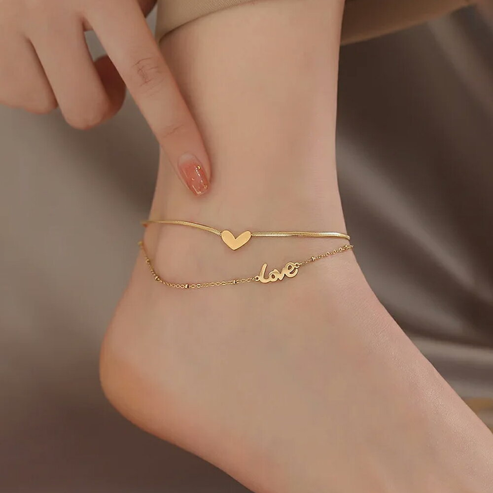 ラブハート2連ゴールドチェーンステンレスアンクレット 1個販売 メンズ レディース 金色 サージカルステンレス316L 高級 メンズ レディース ペア ブレスレ...