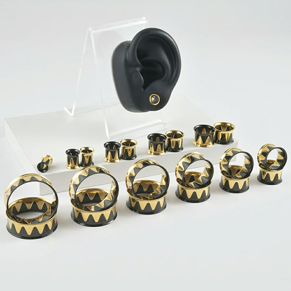 [2G 0G 00G 12mm ボディピアス] フェースギアダブルフレア（ゴールドxブラック） ボディーピアス 2ゲージ 0ゲージ 00ゲージ 12.0mm 12ミリ ハーフインチ 面白い メンズ レディース ステンレス 黒色 金色 ギザギザ ツートンカラー おしゃれ おもしろい プラグ ダブルフレヤ