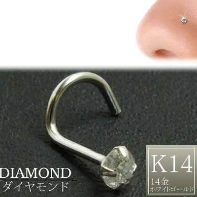 楽天ピアス専門ショップGreen Piercing[ 14金 ホワイトゴールド ダイヤモンド 鼻ピアス 20G ] 人気サイズ ダイヤ 品質（クラリティ SI 2.5mm）K14WG 20ゲージ 本物 14金ゴールド ギフト プレゼント 高級 ボディピアス メンズ レディース カラット スクリュウ 白金 ノーズスクリュー カーブ ツイスト