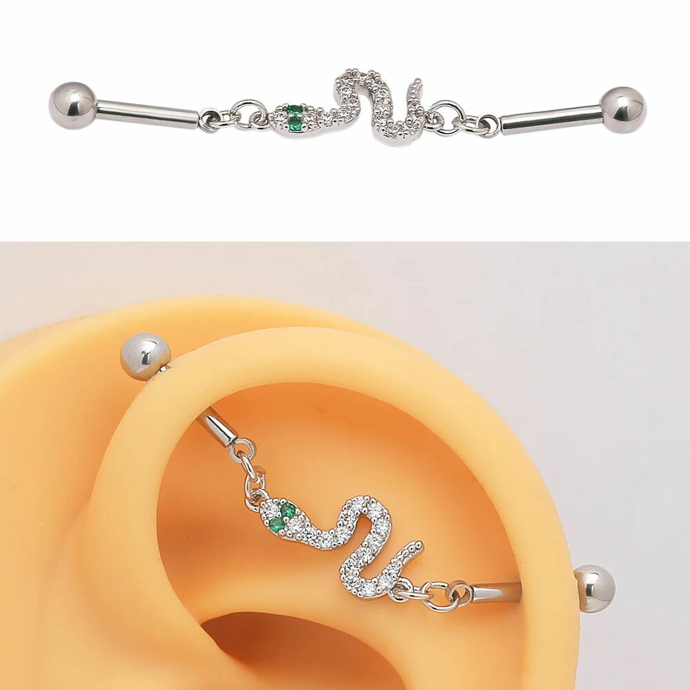 [14G インダストリアル 長いバーベル] グリーンアイスネーク ダブルジョイント ボディピアス ストレートバーベル リング ボディーピアス 14ゲージ メガバーベル メンズ レディース 長い ロングバーベル 面白い 2本 2個 曲がる 動く ヘビ へび 蛇 スネイク 緑色 ジュエル
