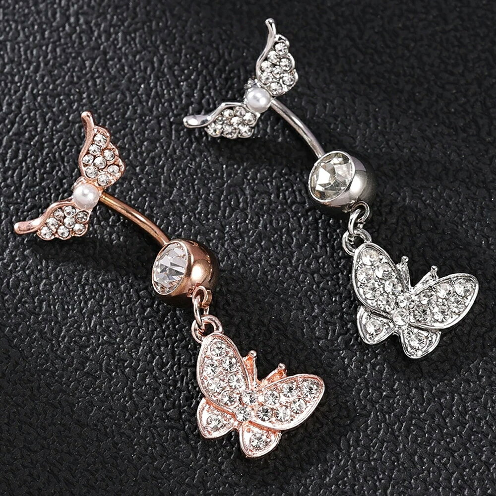 ピアス専門ショップGreen Piercingの[14G ボディピアス ヘソピアス] エンジェルバタフライパール へそピアス 14ゲージ ボディーピアス 臍ピアス メンズ レディース サージカルステンレス316L 翼 羽根 蝶 チョウ 真珠 ジルコニア ジュエル ストーン 石付き プレゼント ギフト キラキラ｜アングル2