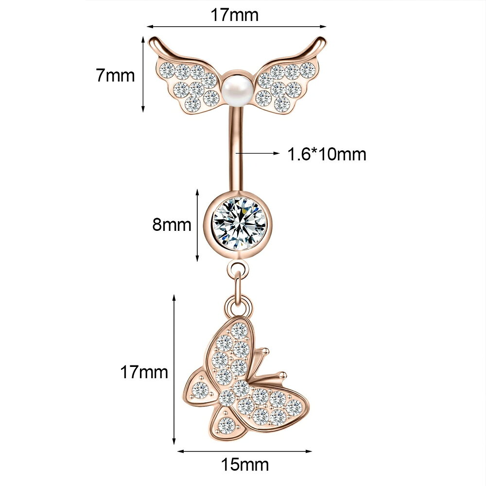 ピアス専門ショップGreen Piercingの[14G ボディピアス ヘソピアス] エンジェルバタフライパール へそピアス 14ゲージ ボディーピアス 臍ピアス メンズ レディース サージカルステンレス316L 翼 羽根 蝶 チョウ 真珠 ジルコニア ジュエル ストーン 石付き プレゼント ギフト キラキラ｜アングル3