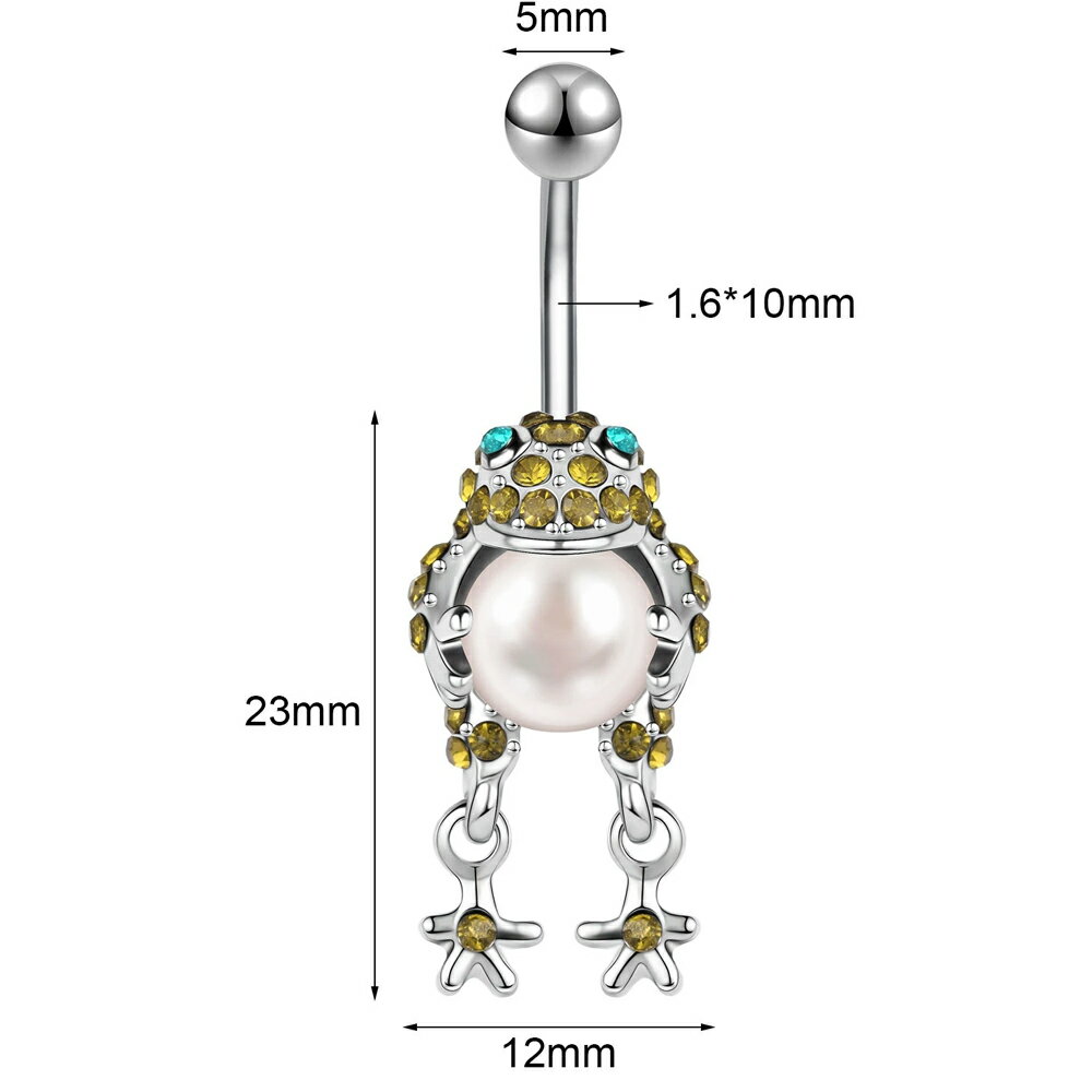 [14G ボディピアス ヘソピアス] フロッグパール へそピアス 14ゲージ ボディーピアス 臍ピアス メンズ レディース サージカルステンレス316L カエル 蛙 かえる 黄緑 グリーン 真珠 ジルコニア ジュエル ストーン 石付き プレゼント ギフト キラキラ