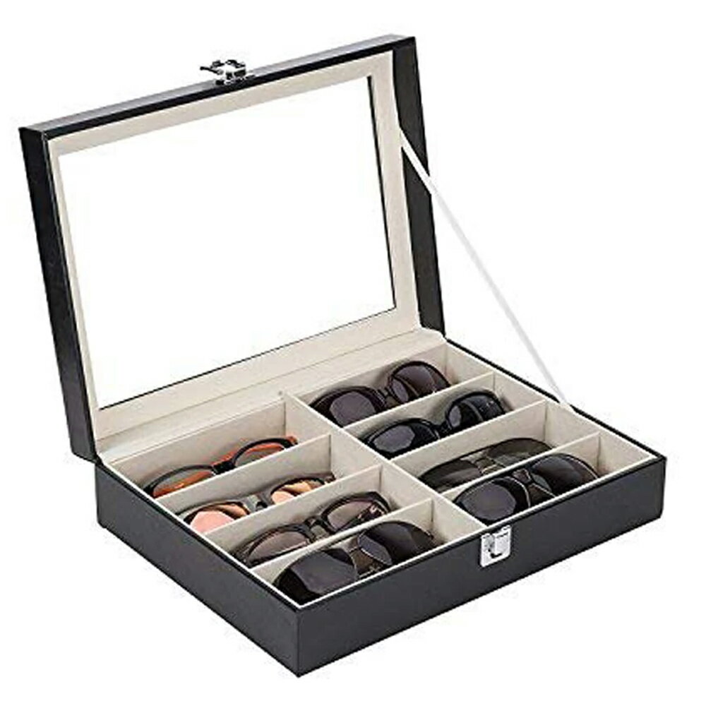 サングラス 眼鏡 ディスプレイケース(8本用 ブラック) 高級 フェイクレザー ベルベット 合皮 メガネ ディスプレイボックス ガラス コレクションボックス 男...