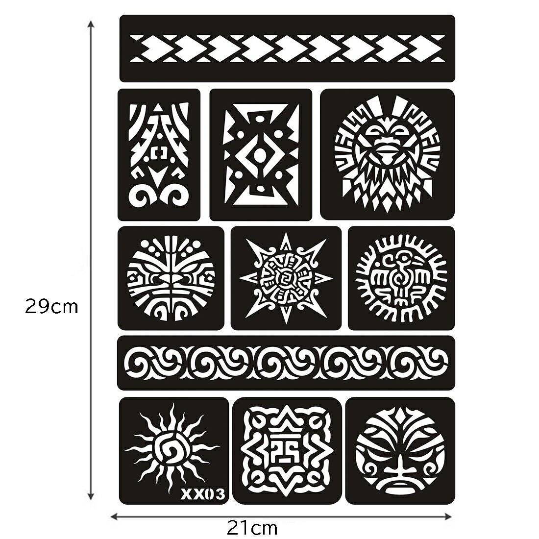 ステンシルシートステッカー（XX03） 1シート販売 手 足 ハンド 顔 フェイス フット 背中 肩 腕 腹 ヘナタトゥー シール 貼る シール ボディーペイント 入れ墨 入墨 刺青 トライバル 型紙 フェイクタトゥー メンズ レディース 男性 女性 シール 簡単 セルフ 自分で