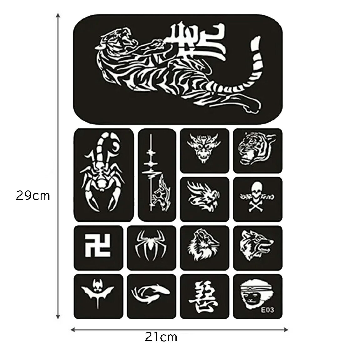 ステンシルシートステッカー（E03） 1シート販売 手 足 ハンド 顔 フェイス フット 背中 肩 腕 腹 ヘナタトゥー シール 貼る シール ボディーペイント 入れ墨 入墨 刺青 トライバル 型紙 フェイクタトゥー メンズ レディース 男性 女性 シール 簡単 セルフ 自分で 2