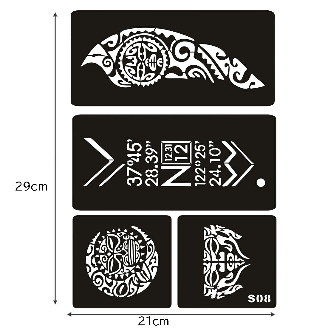 ステンシルシートステッカー（S08） 1シート販売 手 足 ハンド 顔 フェイス フット 背中 肩 腕 腹 ヘナタトゥー シール 貼る シール ボディーペイント 入れ墨 入墨 刺青 トライバル 型紙 フェイクタトゥー メンズ レディース 男性 女性 シール 簡単 セルフ 自分で