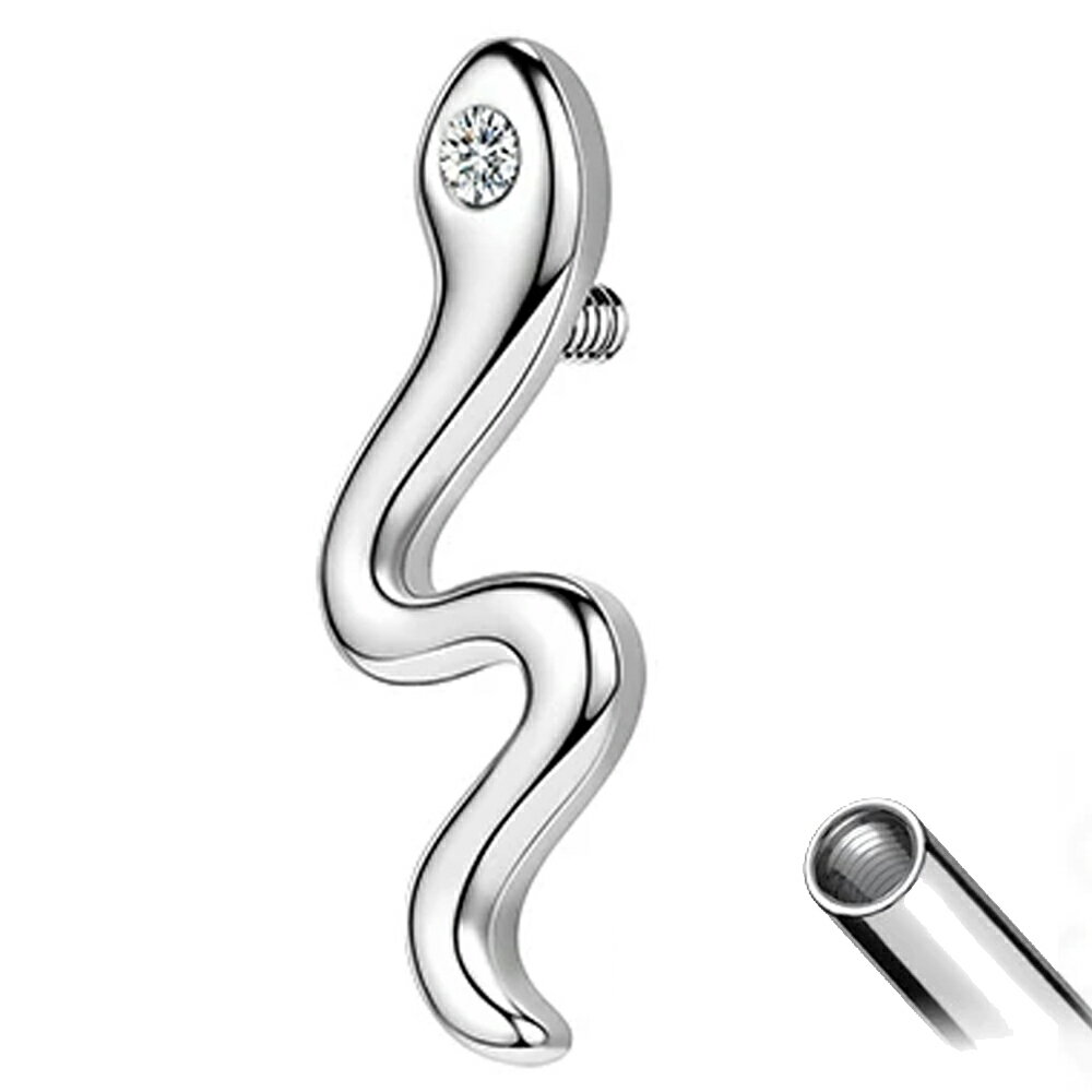 蛇の目にクリスタルのキュービックジルコニアをセットしたデザイン部分にネジ山のあるインターナル用ボディピアスキャッチ。ヘビとストーンの高級感が存在感を放つスネークキャッチ。 素材も安心のサージカルステンレス316L製のボディーピアス用の内ネジ...