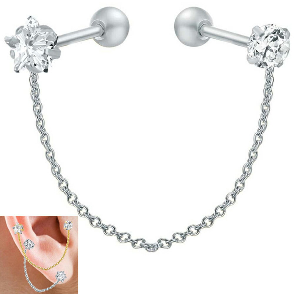 [20G ボディピアス] 立爪CZスタージルコニアチェーン ストレートバーベル 16ゲージ 1個販売 シルバー 銀色 軟骨 ヘリックス トラガス アンテナ 星 ラインストーン クリスタル メンズ レディース ステンレス 繋ぐ つなぐ 鎖 クサリ ボディーピアス 面白い