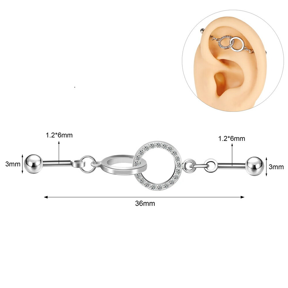 [16G インダストリアル 長いバーベル] クリスタルリングダブルジョイント ボディピアス ストレートバーベル リング ボディーピアス 16ゲージ メガバーベル メンズ レディース 長い ロングバーベル 面白い 2本 2個 曲がる 動く 丸い 輪 ストーン 石付き ジュエル