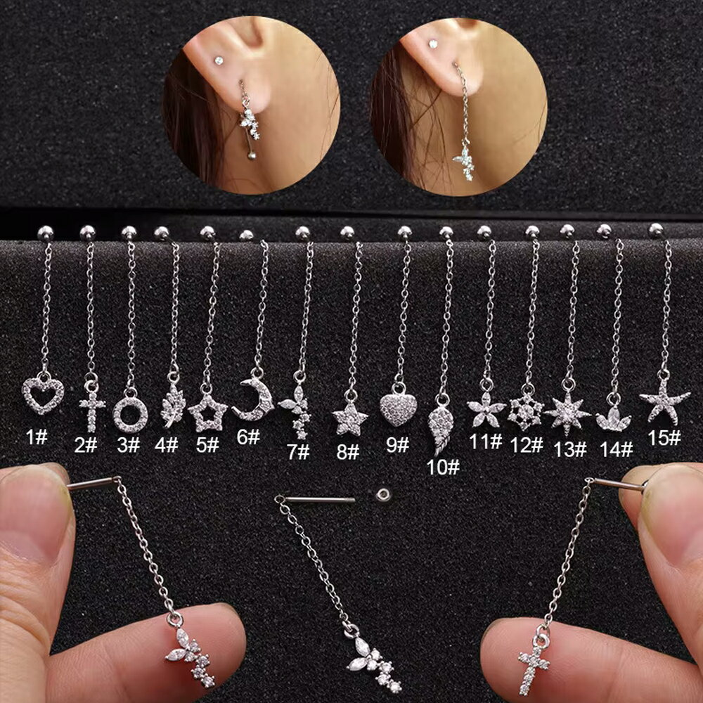 20ゲージのストレートバーベルのに長めのチェーンをつなげ先端にキラキラのクリスタルのキュービックジルコニアをセットしたモチーフが揺れるチェーンピアスのようなボディピアス。 ステンレス製のストレートバーベルにステンレス製のチェーンなので丈夫で...