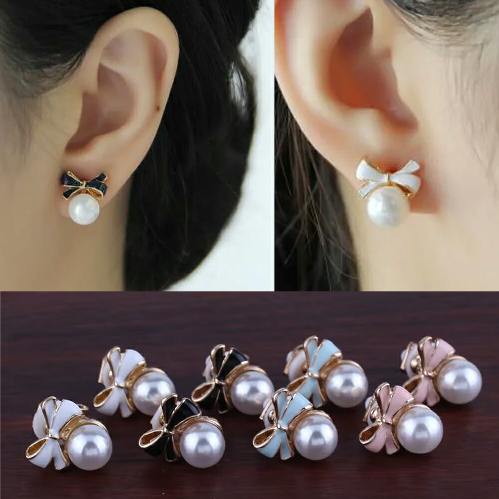 カラフルリボンパールイヤリング(1ペア) 両耳 真珠 ホワイト 白色 黒色 ブラック 水色 ライトブルー ピンク色 穴あけなし 開けない レディース フェイクピアス はさむ 挟む 結婚式 発表会 パーティ 入学式 二次会 ウエディング ノンホールピアス 女子人気 金メッキ
