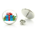 14mm カボションピアス (ギフトボックス) 1ペア 樹木 12月 赤いりぼん クリスマスプレゼント イベント 丸型 丸い カボーション 20G 20ゲージ ...
