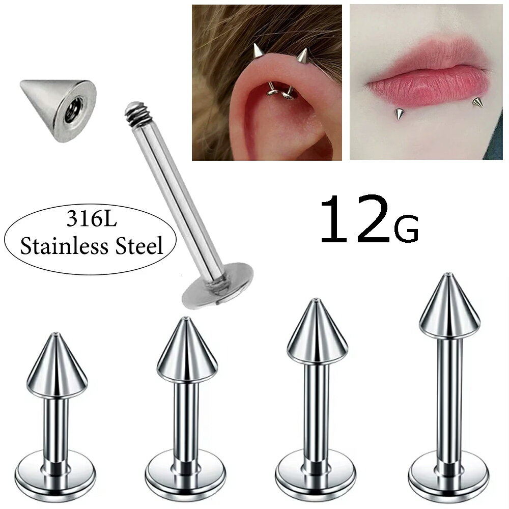 12Gのラブレットスタッドのポストにスパイクコーンのパーツをセットしたラブレット型ボディピアス。 シンプルなラブレットにまるで鋲のようなパンクロックな円すい型のコーンパーツが存在感を放つ男性からも女性からも人気のボディーピアス。シンプルだか...