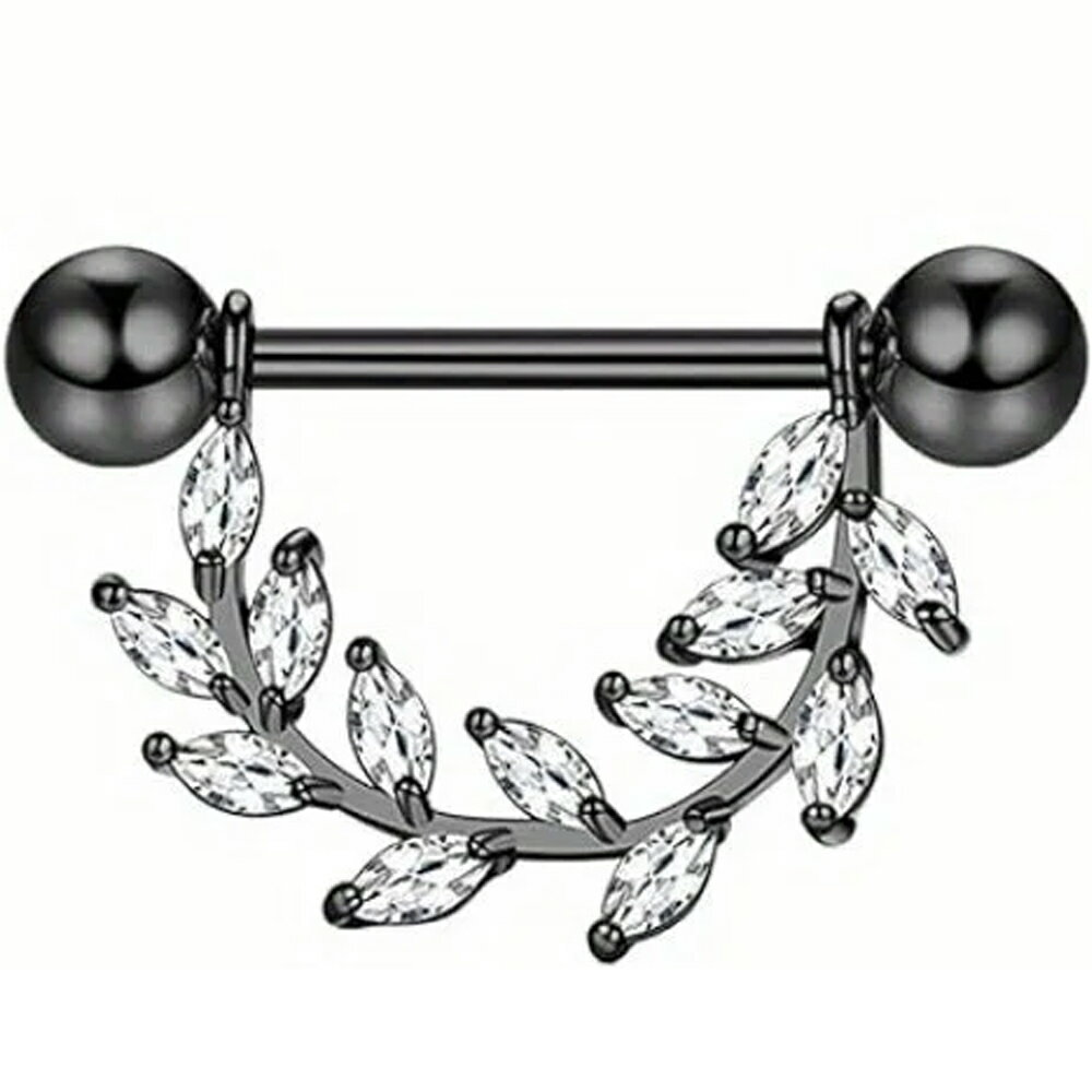 [14G ボディピアス ヘリックス ニップルピアス] ブラックリーフ ストレートバーベル 14ゲージ ボディーピアス サージカルステンレス316L メンズ レディース コンク プレゼント アンテナヘリックス 黒色 キュービックジルコニア ジュエル ストーン 石付き 葉