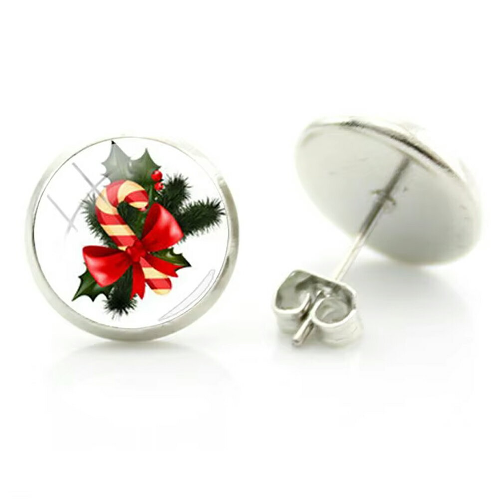 14mm 카보숑 피어스 (캔디 오너먼트) 1 페어 수목 크리스마스 트리 12월 산타 클로스 사탕 스틱 레드 레드 녹색 그린 이벤트 원형 둥근 카보숑 20G 20게이지 20g 패션 피어스 실버 은색