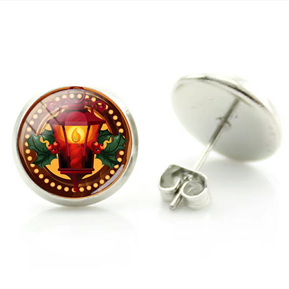 14mm カボションピアス (クリスマスランタン) 1ペア ランプ ヒイラギ ロウソク キャンドル 蝋燭 12月 ..